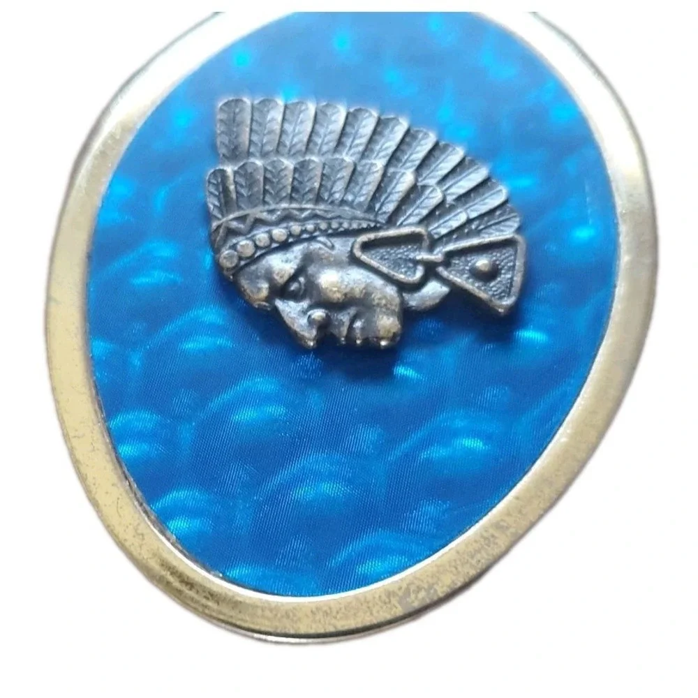 Indian Head Chief Belt Buckle Holographic Blue Silver Tone Distressed‎